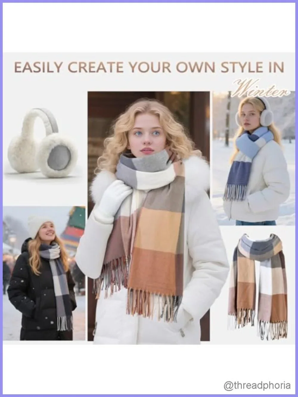 Women's Plaid Tassel Winter Scarf, Soft Lightweight Shawl Wrap
